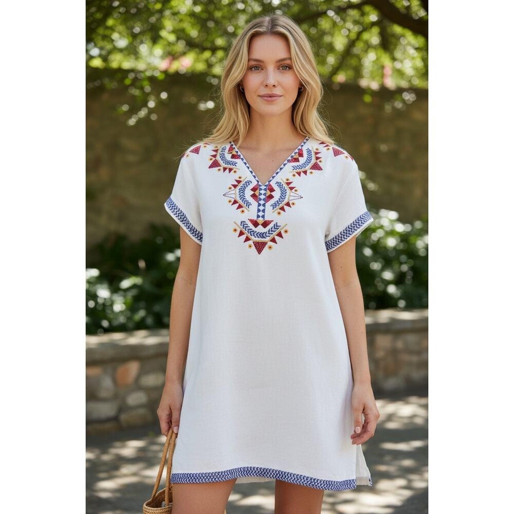 Zara "Santa Fe" Aztec-inspired Embroidered Linen Blend Shift Dress